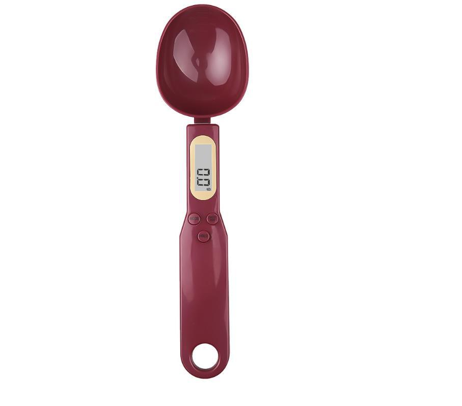 Kitchen measuring spoon scale, burgundy handle with LCD display and weighing bowl