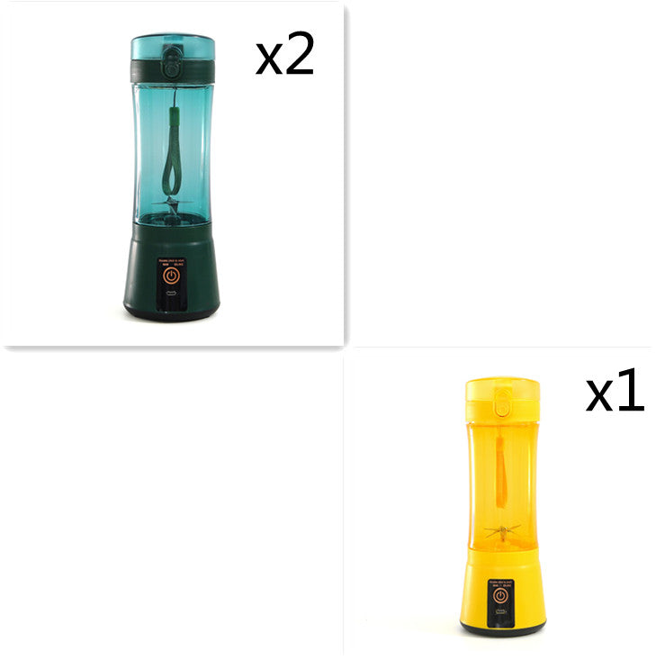 Portable electric fruit juicer blender set: teal and yellow mini mixers with bases.