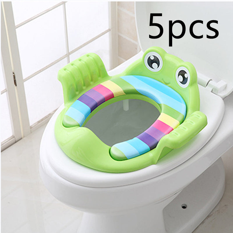 Green toddler toilet seat 5-pack with animal face, striped rim, and side grips