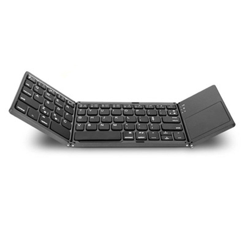 Folding Bluetooth keyboard, black, folded open with large touchpad