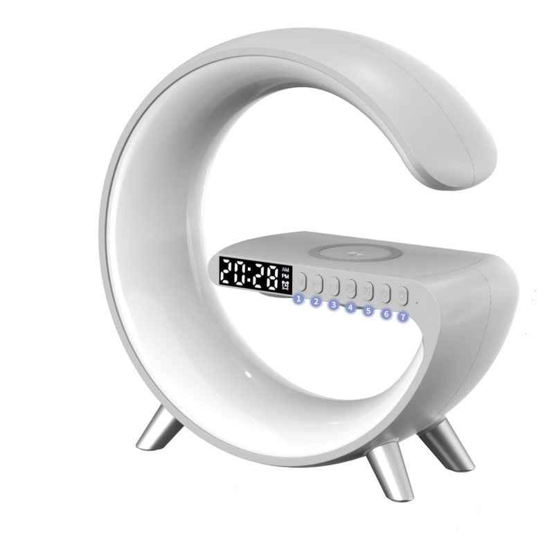 U-shaped LED speaker lamp, white body with control buttons and digital display