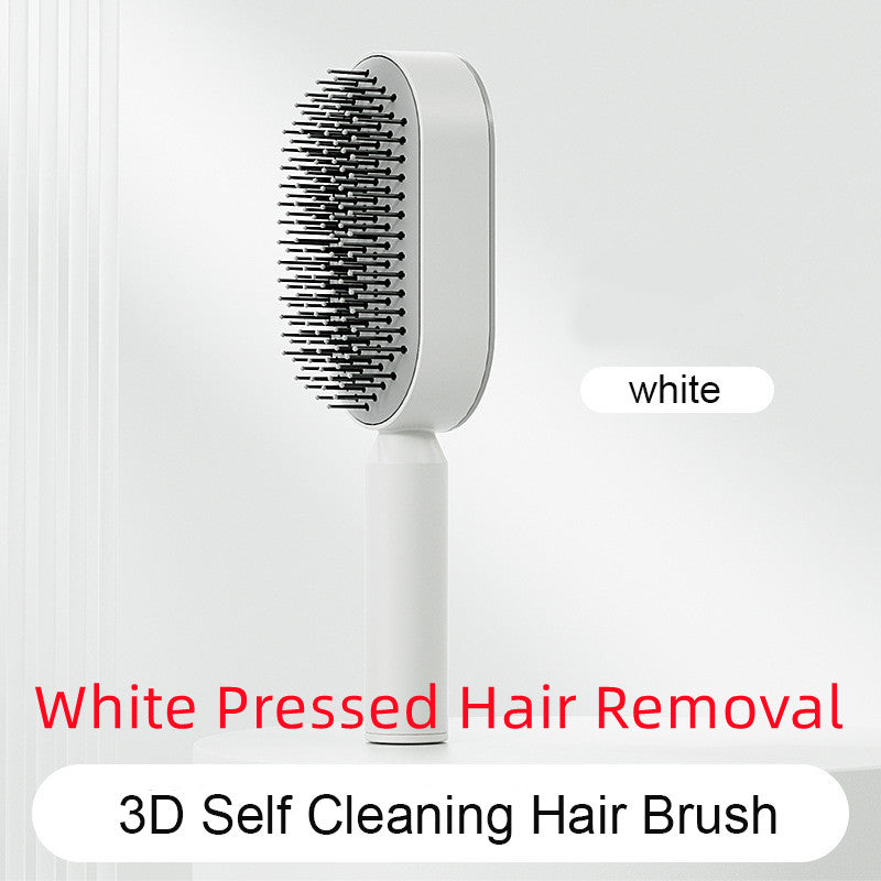 Self-cleaning hair brush with white oval head and dense black bristles