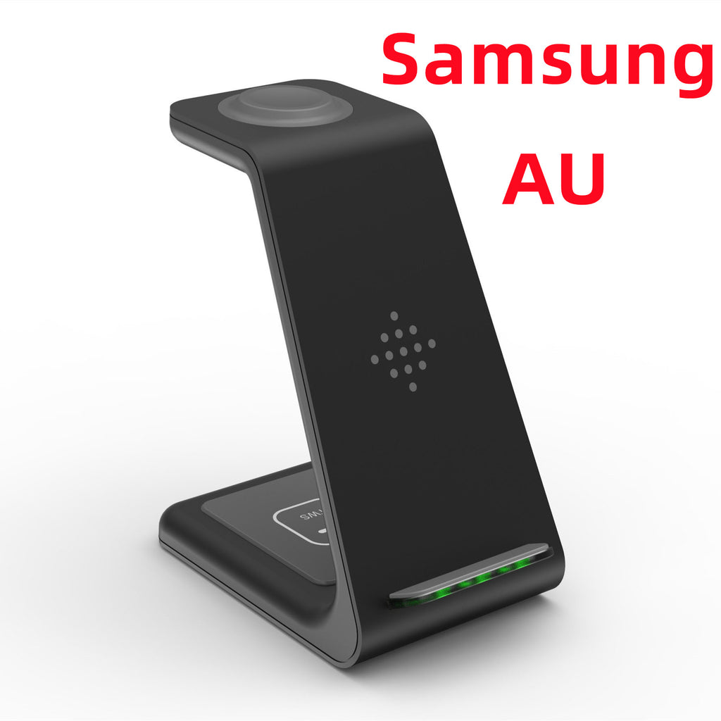 Black wireless charging stand with phone cradle and visible status light