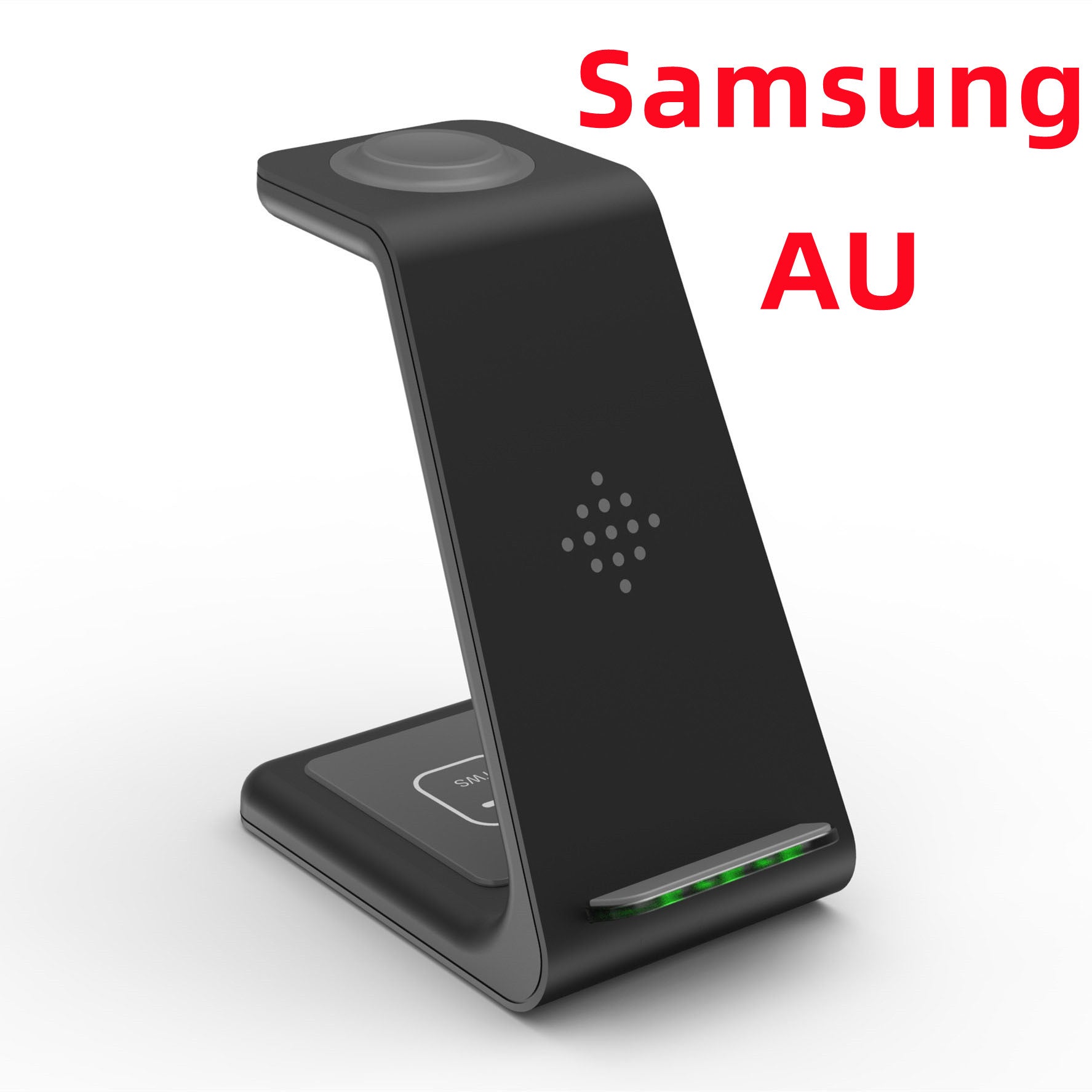 Black wireless charging stand with phone cradle and visible status light