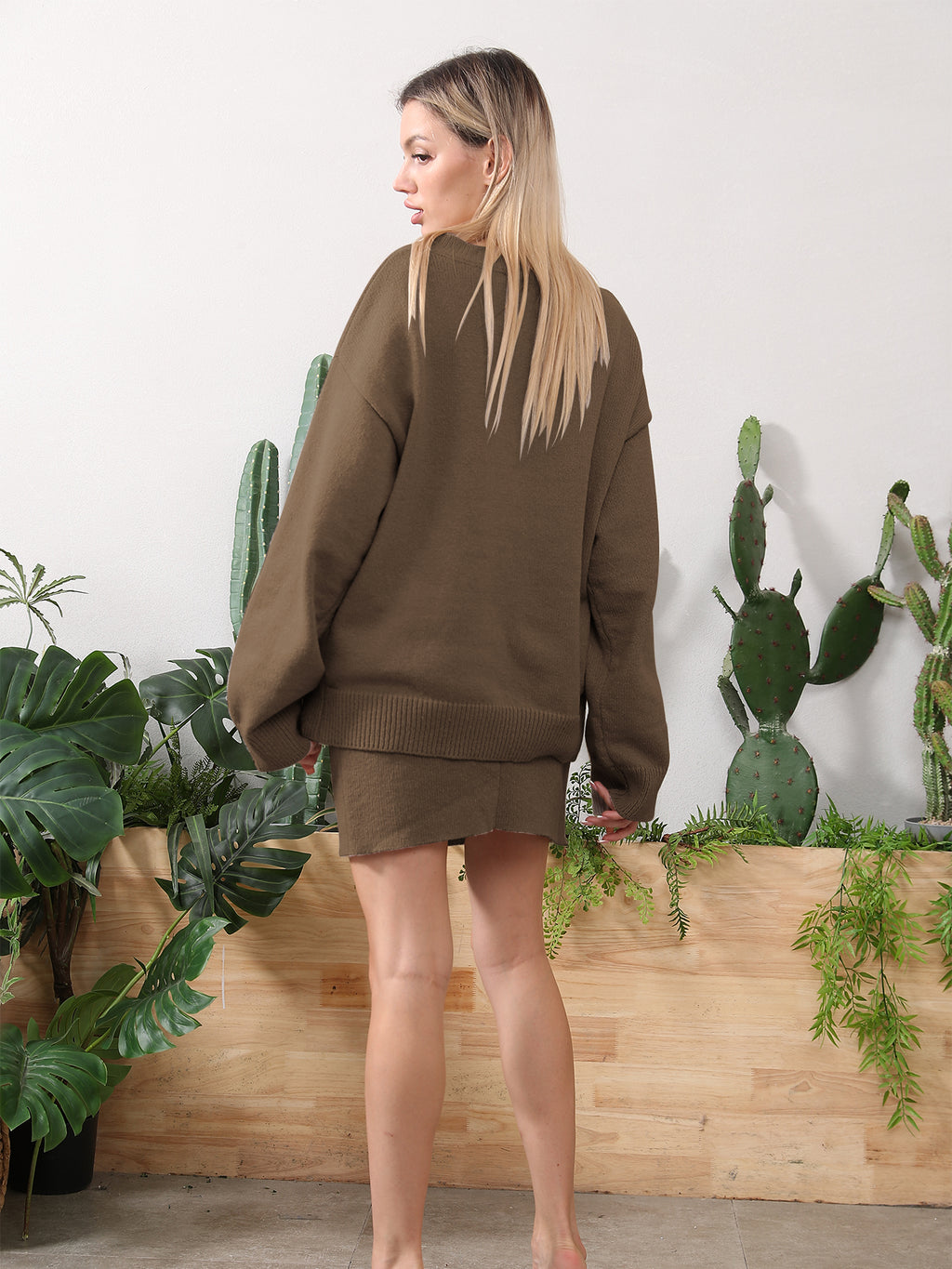 Women's home clothing set camel-brown knit top and short skirt, back view