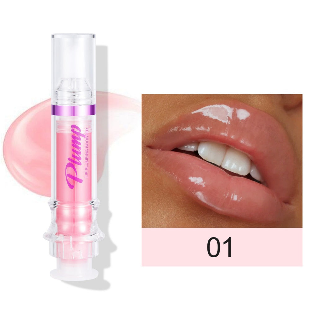 Lip plumping booster lip gloss tube with applicator and lip swatch, shade 01
