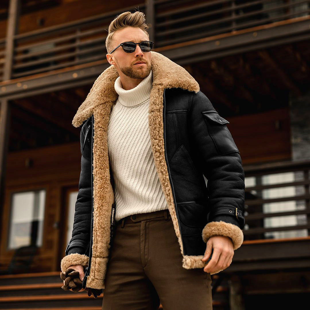 Men's winter jacket with shearling lining, dark coat, chest flap and fur-trim cuffs
