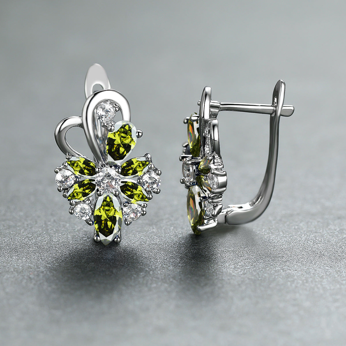 Flower drop-shaped zircon earrings with yellow-green and clear stones in silver-tone settings