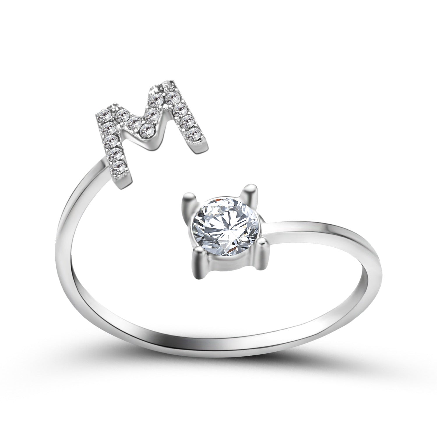 Adjustable initial letter ring with crystal initial and round center stone, silver-tone band