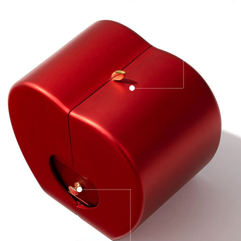 Red heart-shaped jewelry box with hinged lid and small clasp on front