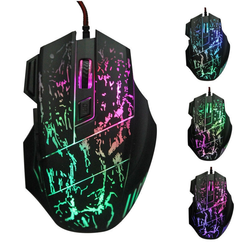 Gaming mouse with black shell and pink/green RGB splatter light accents
