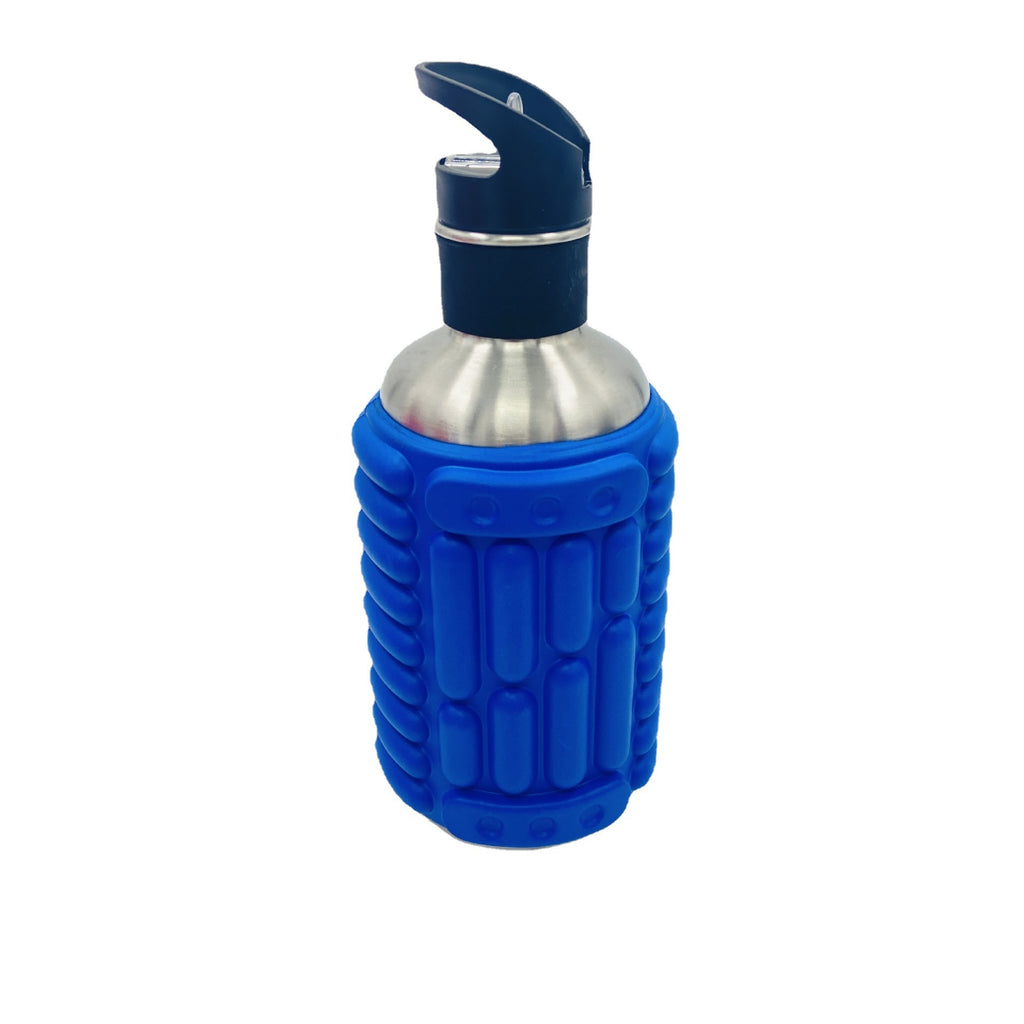Blue massage water bottle with textured grip and flip spout cap