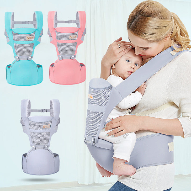 Multifunctional baby waist carrier and stool, gray and pink and blue shown