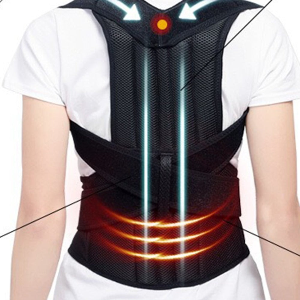 Black mesh posture corrector brace with adjustable support straps and vertical panels