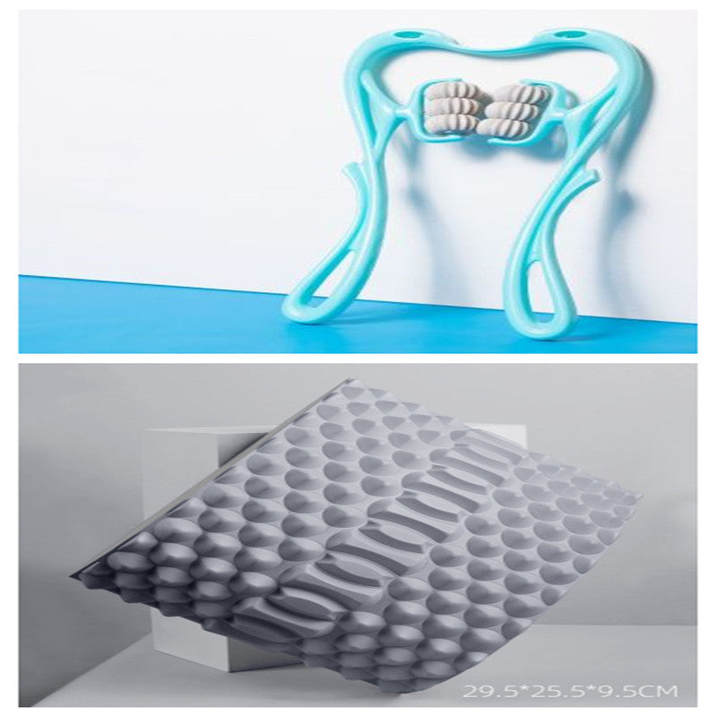 Blue neck massager roller plus a gray dotted massage pad with textured ridges