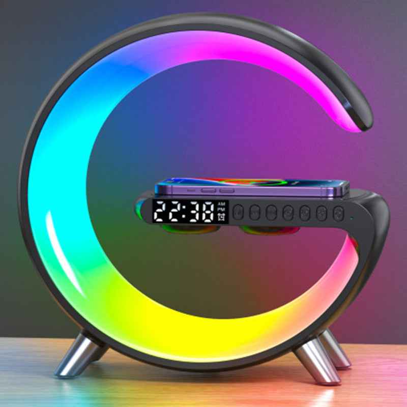 G-shaped LED lamp with multicolor ring glow and digital display on stand