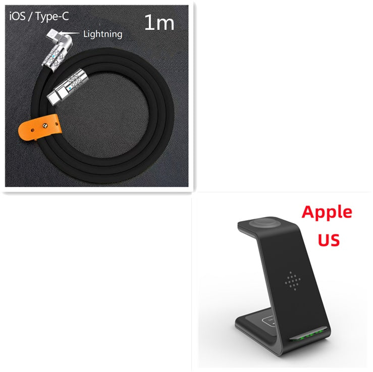Charging cable set with 1m USB and black 3-in-1 wireless charging stand