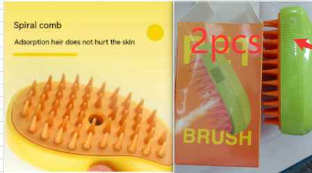 Yellow spiral comb and 2 green pet brushes shown in packaging