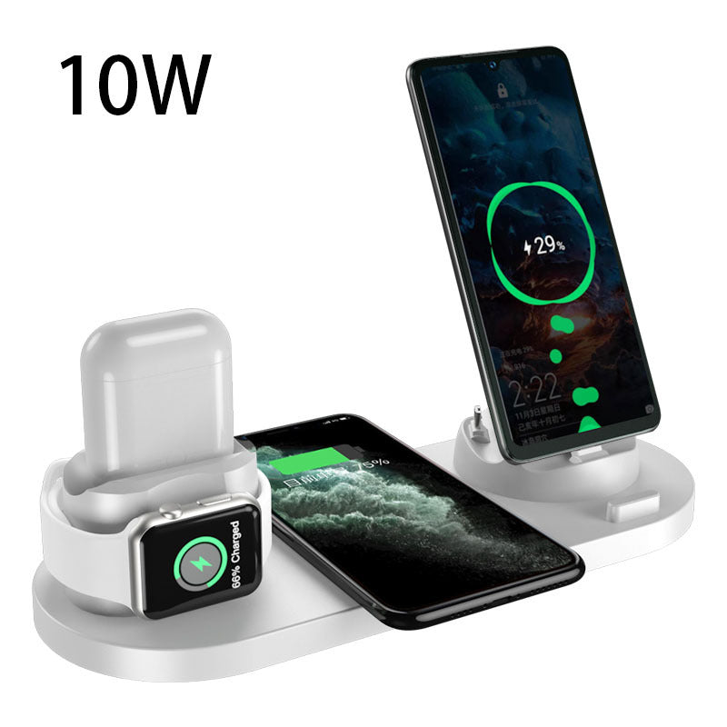 Wireless charging dock rated 10W with phone and watch stands, white base and white pod