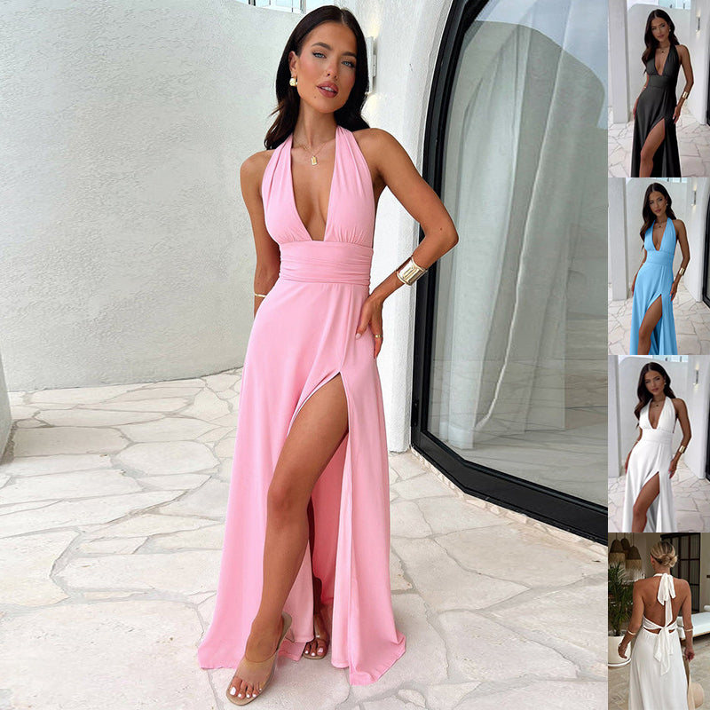 Pink halterneck V-neck slit maxi dress with backless open straps