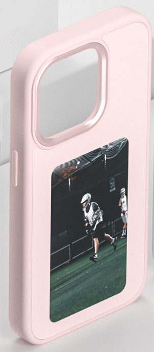 Phone case display screen with sports portrait graphic, shown in light pink.