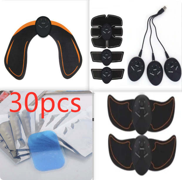 EMS trainer kit with multiple black electrode pads, three discs, and blue gel pad pack