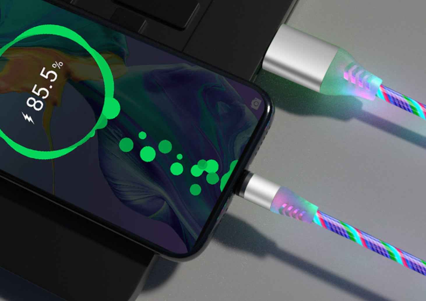 Magnetic data cable with multicolor light strip plugged into a smartphone