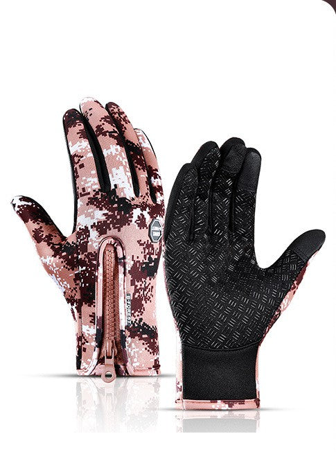 Pair of winter riding gloves, pink camo and black, textured palms, zipped wrist cuff