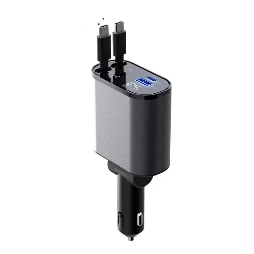 Silver-and-black car charger adapter with two connectors and blue charging indicator