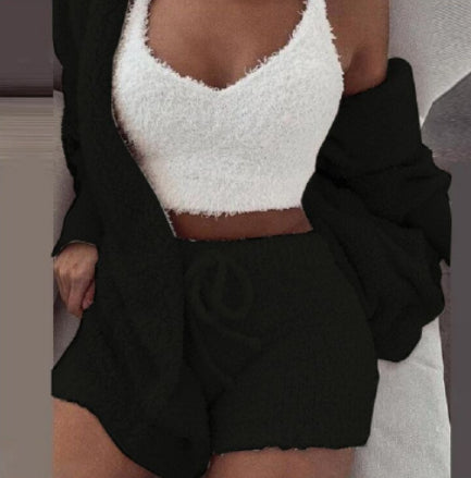 Black fuzzy pajama set: cropped tank top, drawstring shorts, long-sleeve cardigan