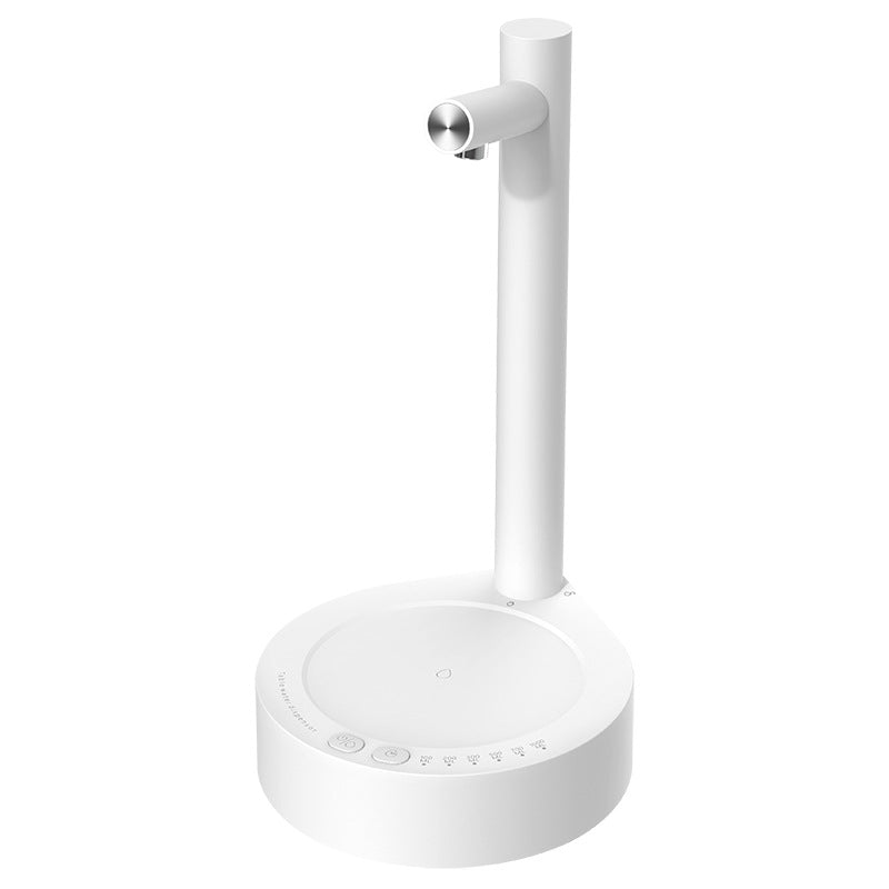 White electric water dispenser with tall stand and round base, standing upright