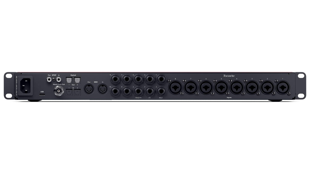 Red Focusrite Scarlett 18i16 USB audio interface rear panel with multiple ports