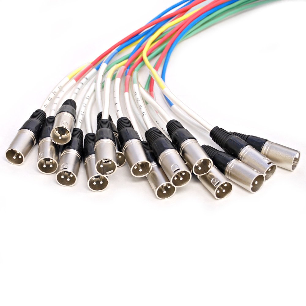 Audio splitter snake cable bundle with XLR plugs and colored cable overbraid