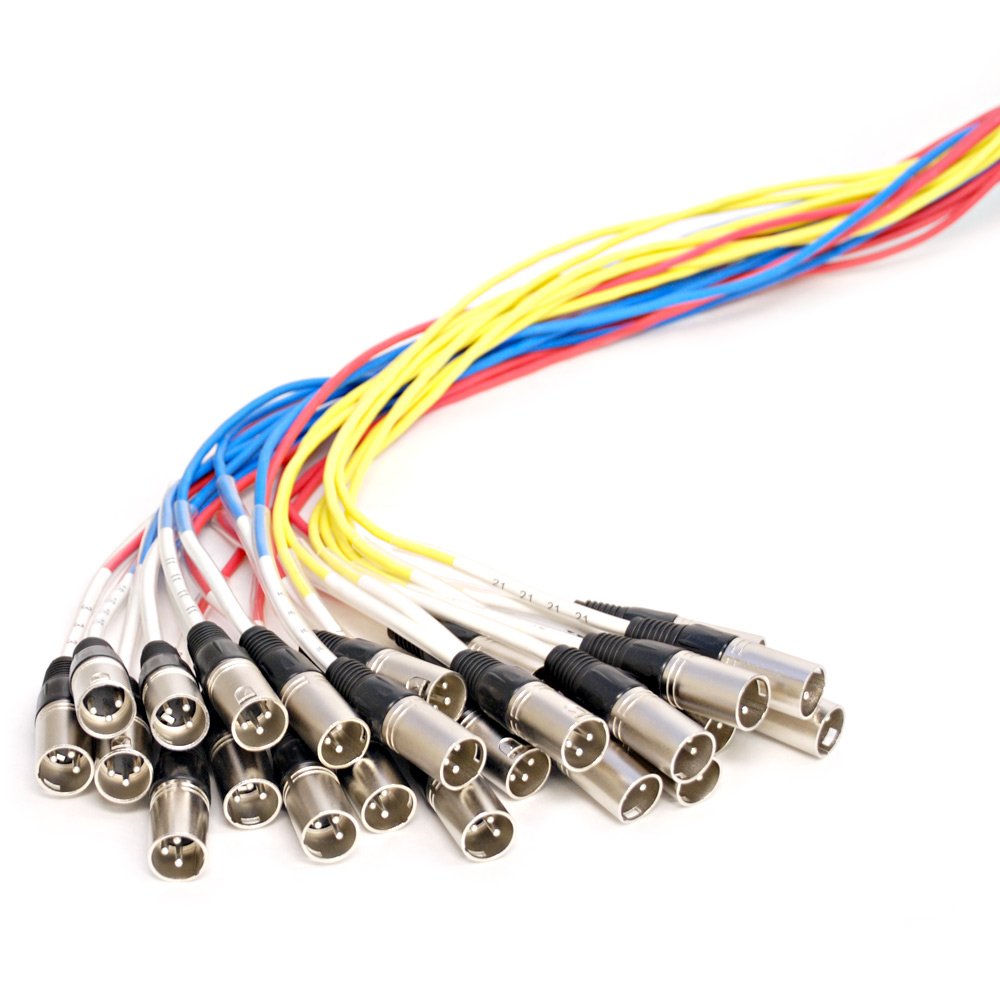 Audio splitter snake cable ends with silver and black XLR connectors