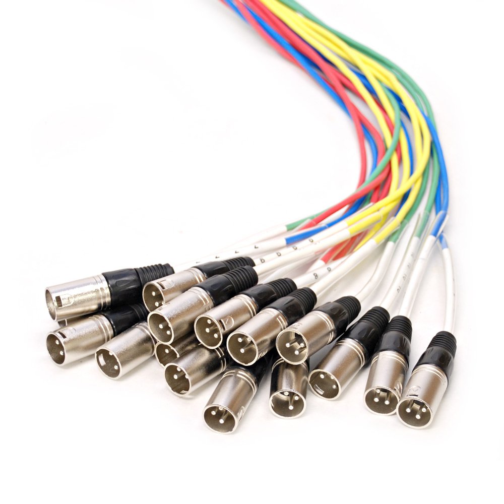 Audio splitter snake cable with multicolored fanout and XLR/TRS connector plugs