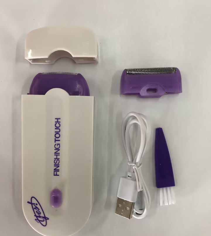 Electric hair removal shaver kit with white case, USB cable, purple nozzle, and caps