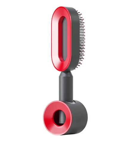 Self-cleaning hair brush set with red oval heads and dark gray handles