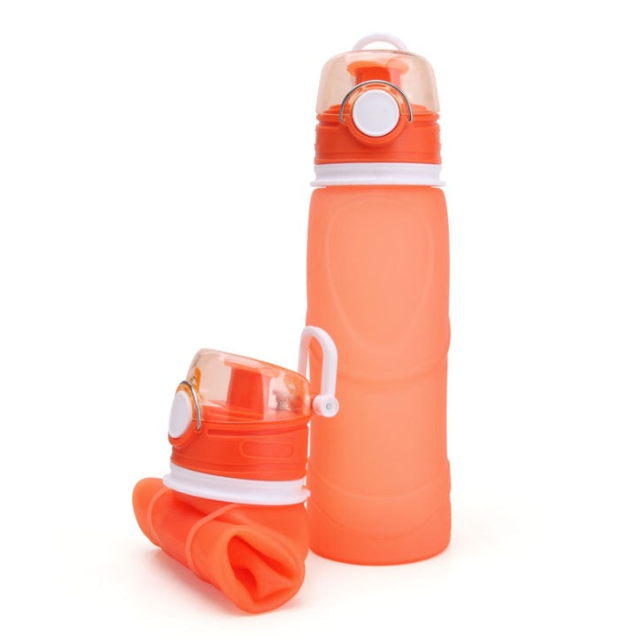 Orange folding silicone water bottle with flip-top lid and collapsible base cup