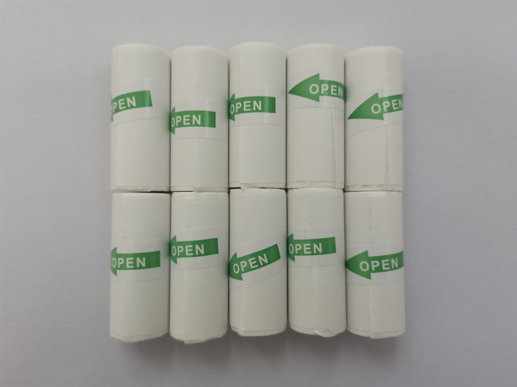 Pack of white paper rolls for mini label printer with green OPEN seals