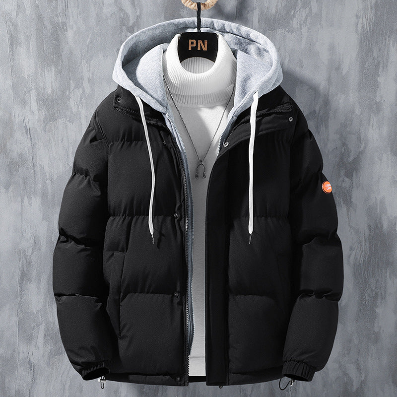 Men’s black hooded puffer jacket, front view with full zipper and drawstring hood