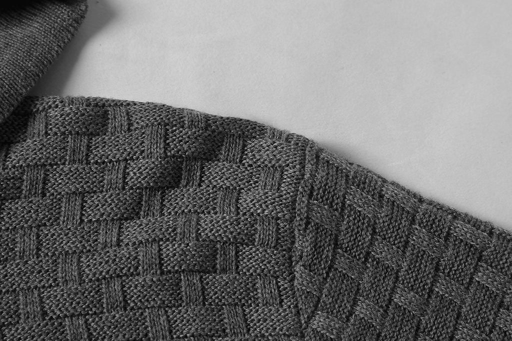 Men's hoodie sweater, gray textured knit close-up of fabric pattern and seam