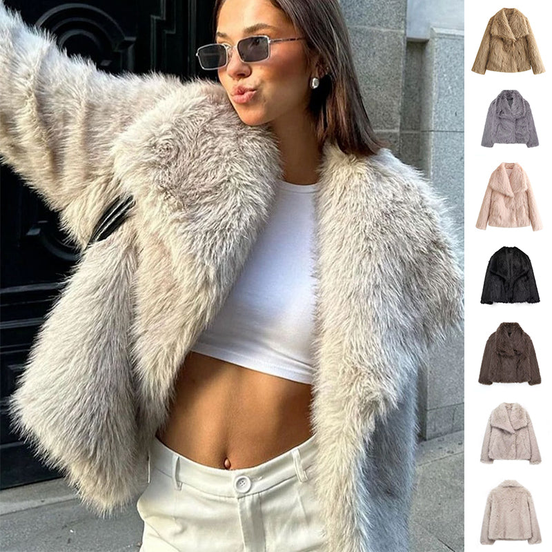 Winter plush faux fur coat with lapel, long sleeves, beige, front open