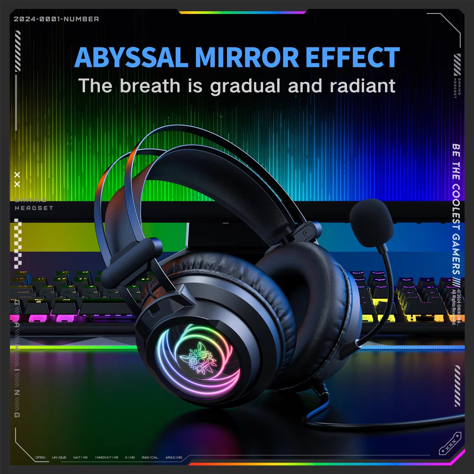Black over-ear gaming headset with boom microphone and glowing RGB ear pads