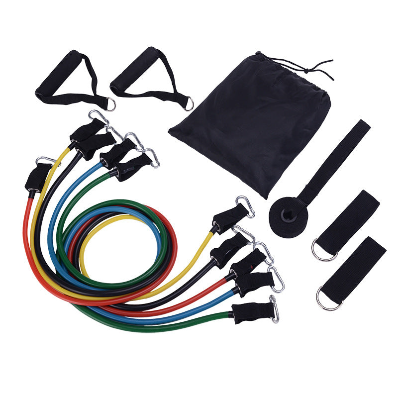 Fitness resistance band set with multi-color tubes, straps, and carabiner clips