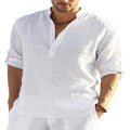 Men's cotton-linen short-sleeve shirt, white, loose fit, stand collar placket