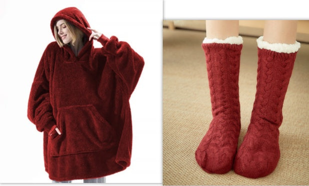 Wine red hooded fleece sweatshirt and red cable socks with white cuffs