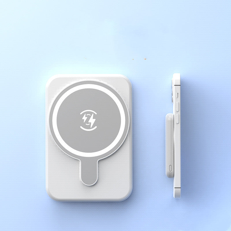 White magnetic wireless power bank with circular charging icon and side profile