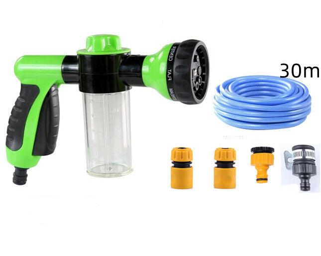 Foam spray gun kit with green sprayer, 30m blue hose, and included nozzle pieces.