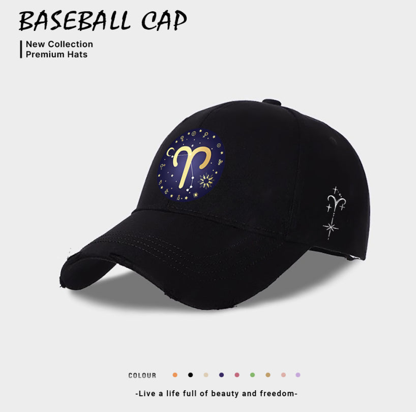Black baseball cap with blue-and-gold zodiac emblem on front, white side zodiac marks