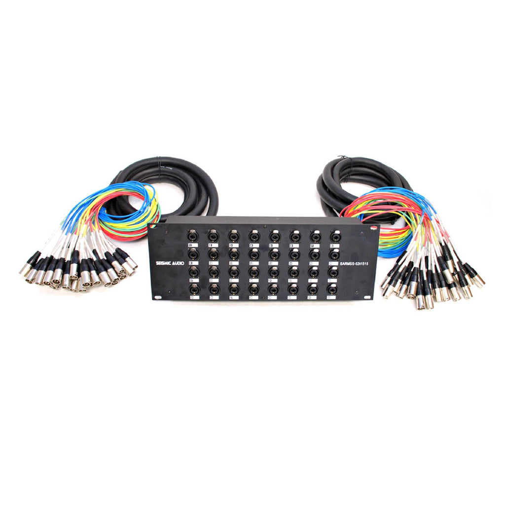 16-channel XLR/TRS combo splitter rack panel flanked by cable bundles and XLR-style plugs